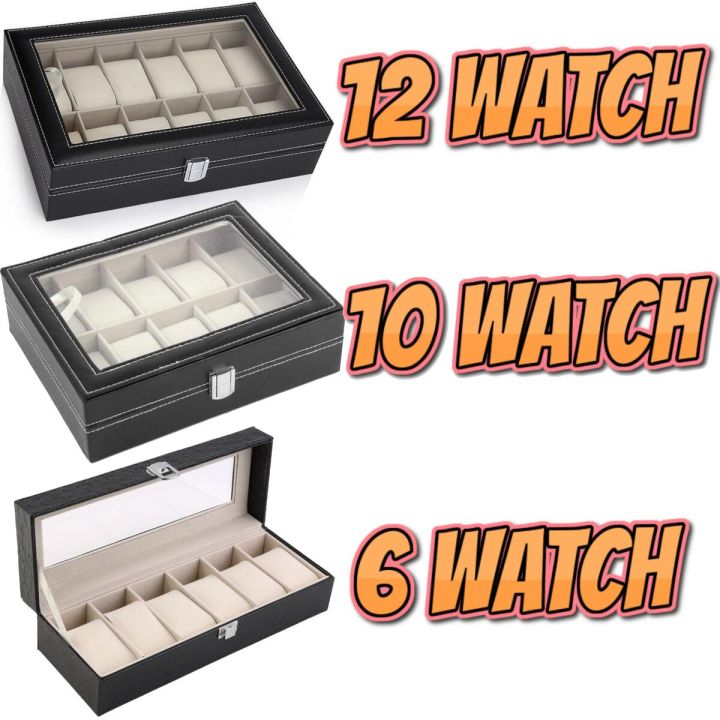 6/10/12 Slot Black PU Leather Watch Storage Box