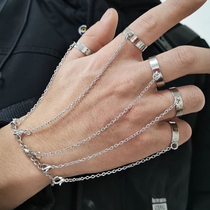 Punk Geometric Silver Color Chain Wrist Bracelet For Women Men Finger Ring Set Fashion Jewelry Gifts Pulsera Mujer