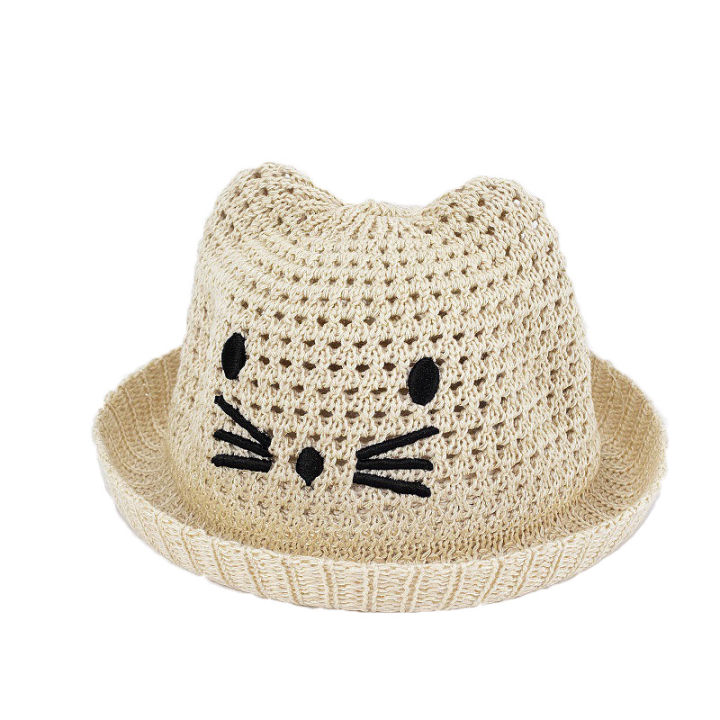 Child Summer Sunscreen Straw Knit Sun Fisherman Hat Boy Girl Imitation Raffia Embroidery Cartoon Cat Breathable Basin Cap R64