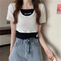 Super hot sleeved T shirt women's summer Korean version trendy internet celebrity student fake two short high waisted slim fit tops. 