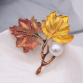 Women Vintage Imitation Pearl Color Block Maple Leaf Brooch Pin Jewelry Gift. 