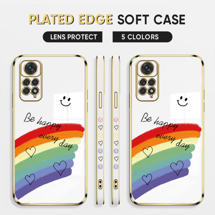 (Free Lanyard) Luxury 6D Plating Case for Redmi Note 11 / Note 11S Back Cover Cartoon Rainbow Side Pattern Soft Silicone Square Phone Cases