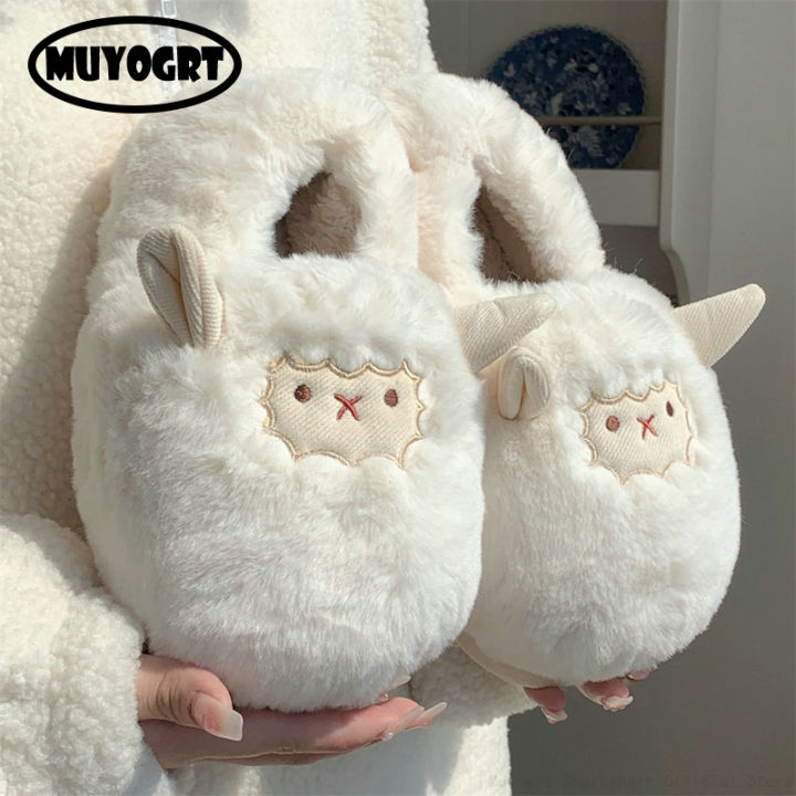 Cute Lamb Furry Women Winter New Cartoon Thick Plush Slippers Female Bedroom Slides Soft Cozy Warm Fluffy Home Shoes