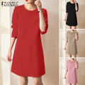 ZANZEA Women Formal Office Full Sleeve O-Neck Solid Dress Elegant Commute A-Line Dresses #11. 