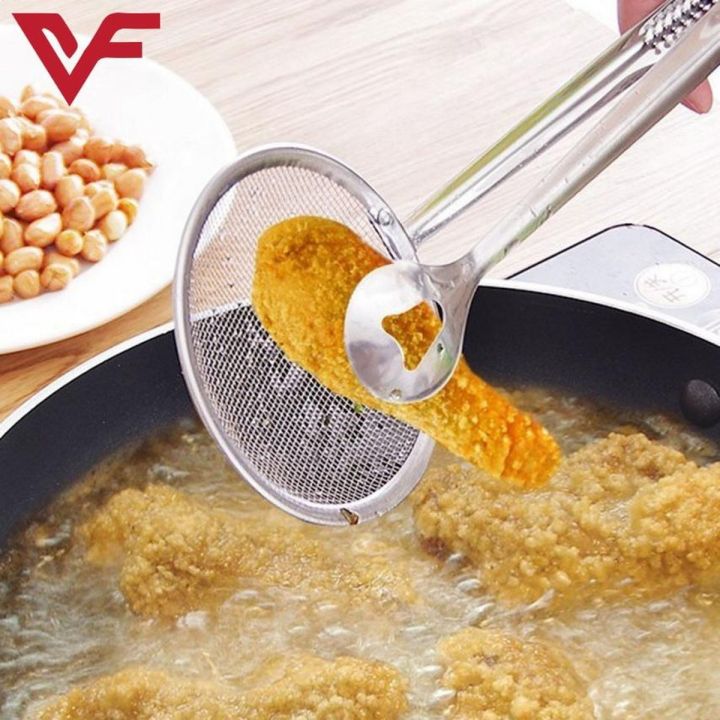 Small Multi functional 2 in 1 Fry Spoon Strainer With Clip Oil Frying BBQ SS Mesh Strainer Kitchen Frying Tool Quick Strain Stainless Steel Tong