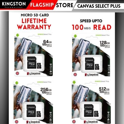 Kingston Memory Card Micro SD 64/128/256/512 GB - Lifetime Warranty - Canvas Select Plus