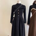 Corduroy slip dress, women's autumn and winter, French temperament, high-end coat, with a long skirt to cover the belly, celebrities. 