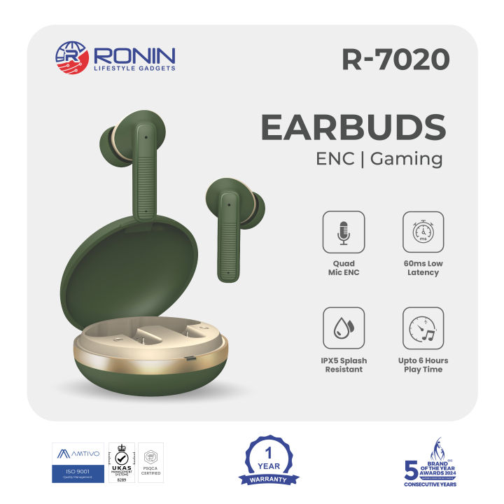 Ronin R-7020 Earbuds, 13mm Driver & Bluetooth 5.3, High Bass Sound, Noise-Canceling, 400mAh Battery & 6 Hours Playtime, Gaming Mode, IPX5 Water-Resistant, Clear Sound & Hands-Free Calls