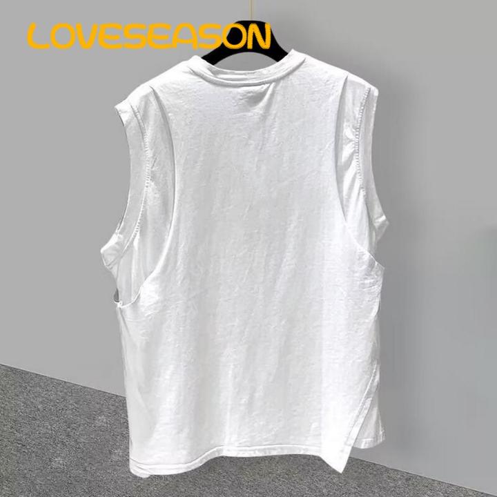 Men Sleeveless Vest Men's Summer Sleeveless Tank Top Street Style Ripped Holes Loose Fit O-neck Vest T-shirt Fashion Street Style Sleeveless Top for Men