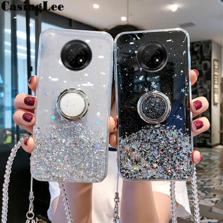 Casinglee for Huawei Y9A case Shiny Ring Glitter Soft Transparent Holder Stand Back cover with String for Huawei Y9A Phone cases cover Stars Moon Girls
