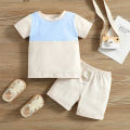 Baby Boys Summer Outfits Contrast Color Short Sleeve Crew Neck T-shirt Tops and Elastic Casual Shorts Set. 