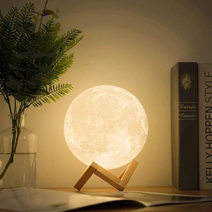 3D Moon Lamp (12 CM) - Rechargeable Night Light with Wooden Stand & Touch Control