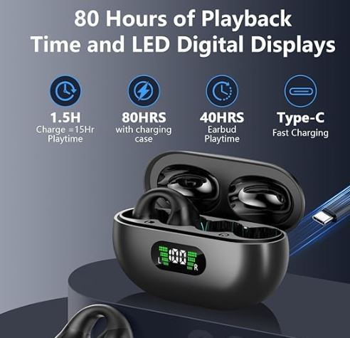 New Open Ear Bone Conduction Headphones Bluetooth 5.3 Open Clip Ear Earbuds Built-in Mic with Ear Hooks 60 Hours Playtime Sport Earphones IPX7 Waterproof for Fitness Running Walking Black