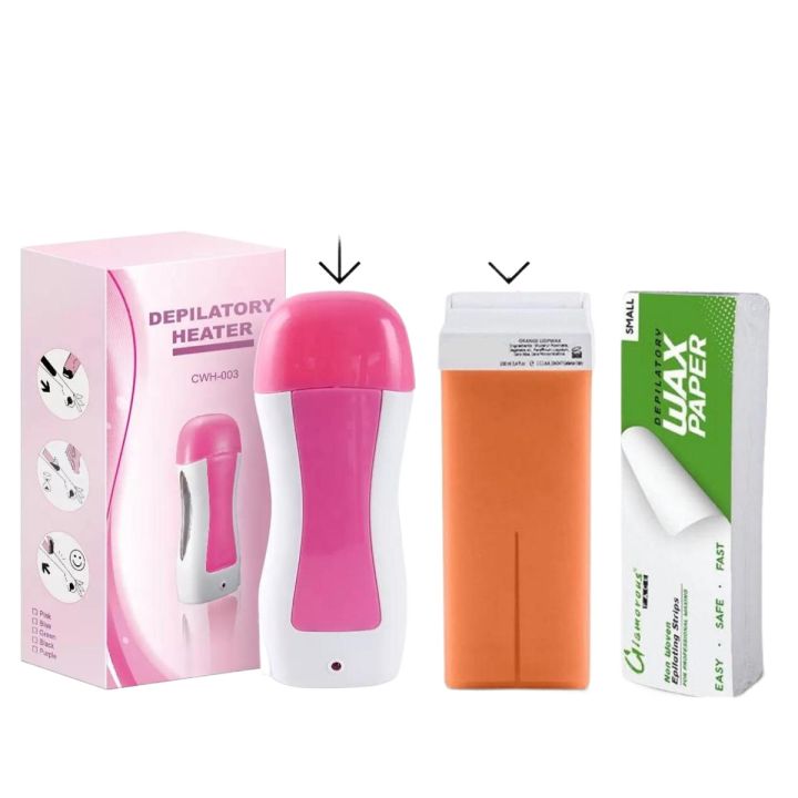 3 in 1 depilatory wax heater machine with roll on wax refill and waxing strips for body and face hair removal, 3 in 1 wax machine for women and man, waxing machine with hot wax and depilatory wax paper, depilatory roll on wax heater