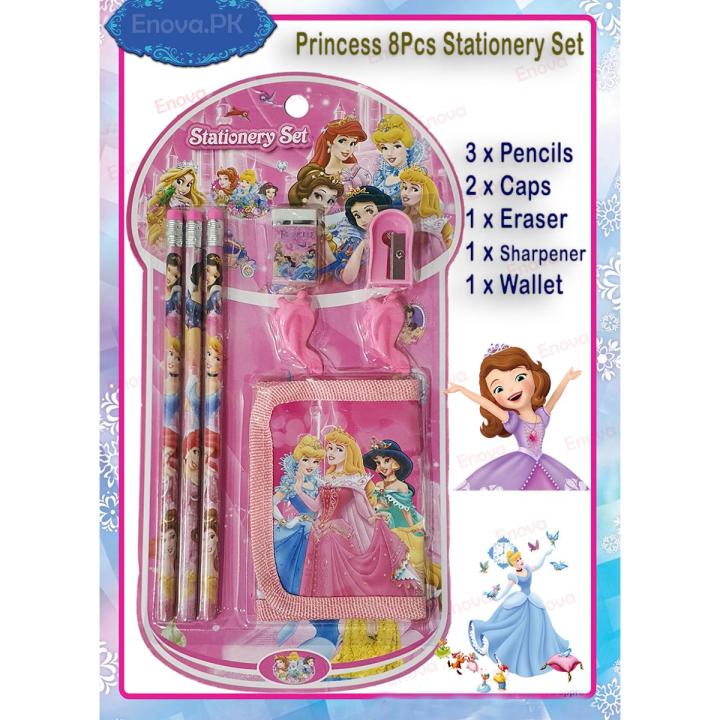 8pcs Princess Stationery Gift Set for School Children Girls Perfect Birthday Gift Beautiful Disney Character Princess Stationary Set Pencil Eraser Sharpener