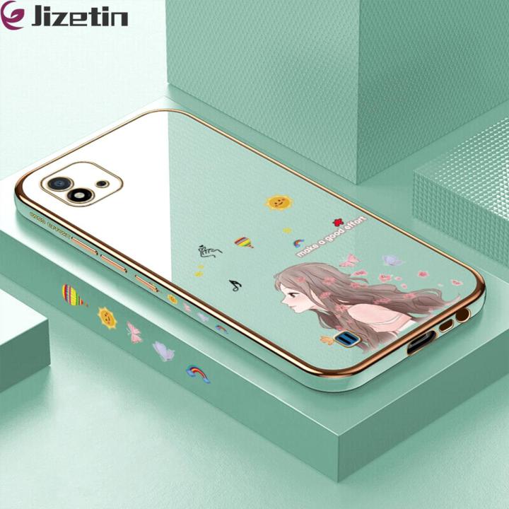 Jizetin (Free Lanyard) for Realme C11 2021 / C20 / C20A Back Cover Butterfly Girl Luxury 6D Plating Case Side Pattern Soft Silicone Square Phone Cases