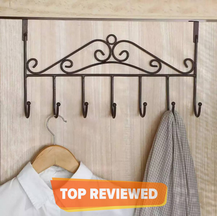 Over Door Hanger with 7 Hooks Metal Over the Door Towel Hook Organizer, Hanging Storage Rack for Hat, Coats, Purses, Scarves, Clothes, Jackets, Belt, Bedroom, Bathroom, Closet