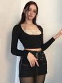 Rapcopter y2k Frill Crop Top Bow Cute T Shirt Patched Black Full Sleeve Pullovers Retro Grunge Fairycore Korean Tee Women Chic. 