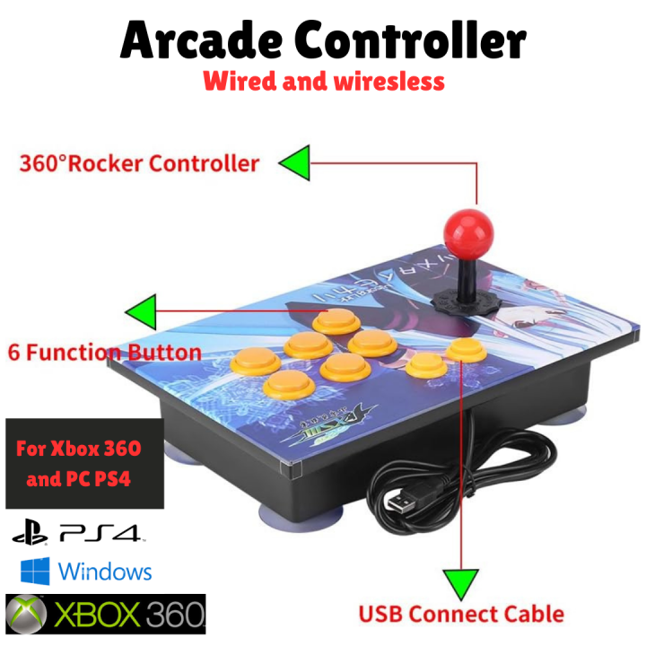 Arcade Fight Stick Controller for PS4, Xbox 360 & PC – Wired & Wireless | 6-Button USB Joystick for MAME, NEOGEO & Retro Gaming