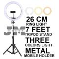 26CM Ring Light with Mobile Holder, TripodStand Holder and 7ft Stand, RingLight with 7 Feet Stand, Three Colours Makeup LED RingLight with Tripod Stand, Dimmable Selfie RingLight with USB for Videography and Photography. 