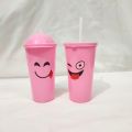 Pair of Smily Juice Glass | Emoji Water Glass for kids | 2 Glasses with Lid and Straw. 