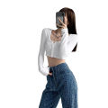 Women Button Down Crop Tops, Casual Long Sleeve Notched V Neck Solid Color Knit T-Shirts. 