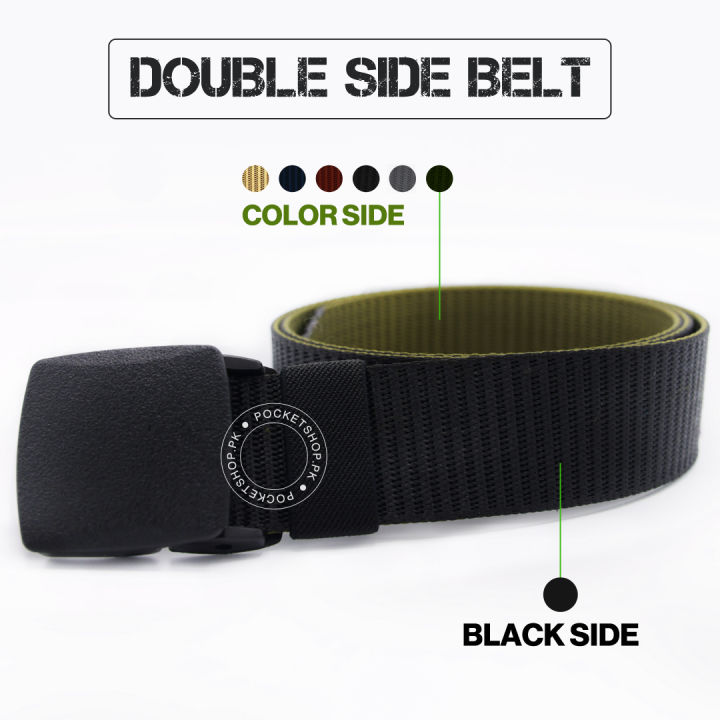 Double Side Nylon Belt for Men and Boys with Adjustable Hard Plastic Teeth-Lock Buckle