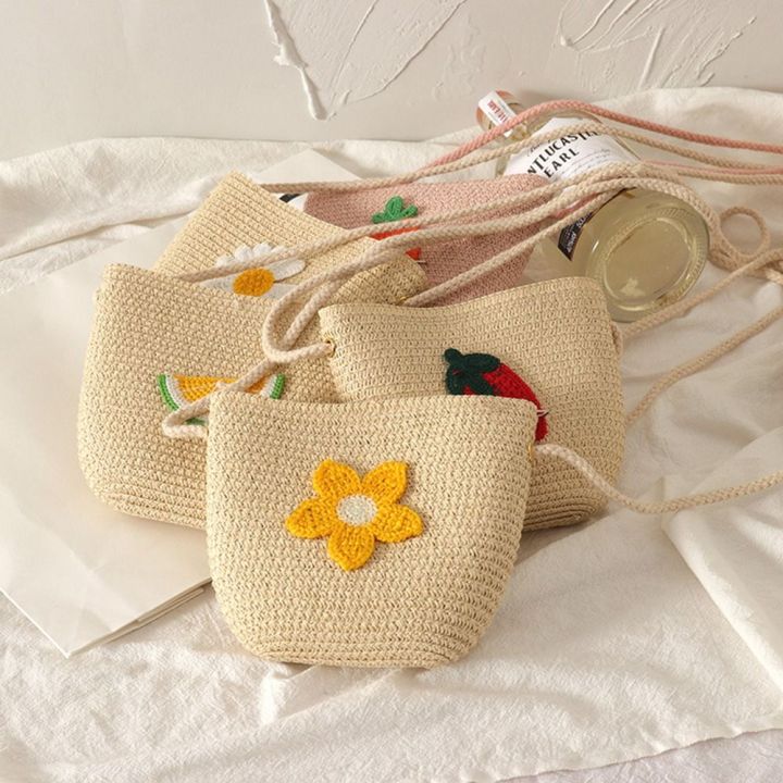 Birthday Gifts Straw Children's Straw Beach Bag Casual Cute Crossbody Bag Heart Pattern Shoulder Bag Kids