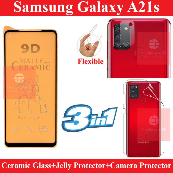 Samsung Galaxy A21s Glass Protector Matte Fiber unbreakable Glass + Back Protector Transparent Hydrogel Soft Film jell Protection + Camera Glass Protector Fiber Glass For Samsung Galaxy A21s