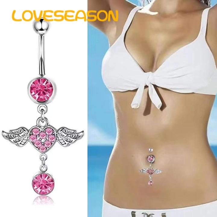 Navel Ring Sparkling Stainless Steel Belly Button Ring with Pink Cubic Zirconia Heart Butterfly Design Perfect Body Piercing Jewelry Gift for Southeast Asian Buyers Shining Cubic Zirconia Belly Button