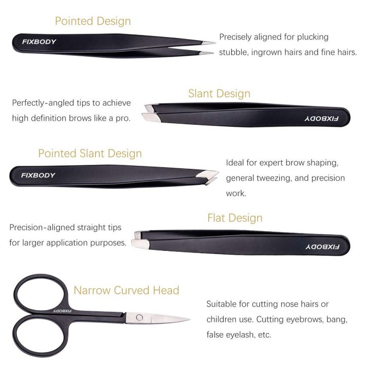 High Quality Tweezers Set 5-Piece Includes Curved Scissors, Best Precision Tweezer for Eyebrows, Splinter & Ingrown Hair Removal