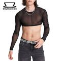 Men Solid Color Crop Top Men's Mesh Crop Top for Nightclub Party Performance Slim Fit O Neck Long Sleeve Shirt with Waist-exposure Breathable See-through Design Breathable Men Long Sleeve Top. 