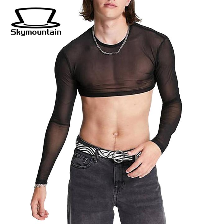 Men Solid Color Crop Top Men's Mesh Crop Top for Nightclub Party Performance Slim Fit O Neck Long Sleeve Shirt with Waist-exposure Breathable See-through Design Breathable Men Long Sleeve Top