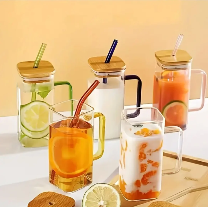 Echou 400ml Glass Mug with Lid and Straw - Microwave Safe |Transparent Coffee Mug | Square Beer & Boba Tumbler | Heat Resistant Reusable Drinkware | Wooden Lid & Colored Handle | Glass Mug With Straw and Wooden Lid| Glass Mug With Straw | Glass Mug Lid