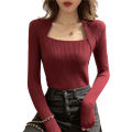 Women Knitted U-neck Sweater  ops Casual -fit Long Sleeve Pullover Bottoming Shirt color. 