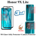Honor 9X Lite Full Black 9D5D6D10D11D21D Tempered Glass Screen Protector  + Back Camera 9H Gorilla Flexible Protector For Honor 9X Lite + Back Jelly Protector Clear Soft Protection Film Transparent Hydrogel Film Protector For Honor 9X Lite. 