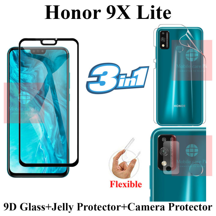 Honor 9X Lite Full Black 9D5D6D10D11D21D Tempered Glass Screen Protector  + Back Camera 9H Gorilla Flexible Protector For Honor 9X Lite + Back Jelly Protector Clear Soft Protection Film Transparent Hydrogel Film Protector For Honor 9X Lite