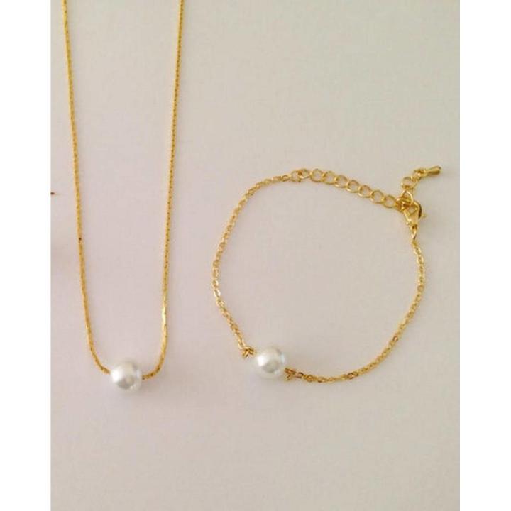 Single Pearl Moti Golden Chain Necklace + Bracelet for Girls