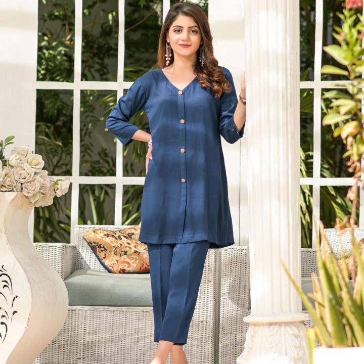 MK COUTURE Irish Linen 2 Pcs Stitched- Solid Blue