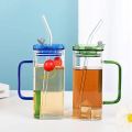 Techmanistan Random Color 400ml Square Glass Mug With Handle, Straw & Lid, Drinking Glass, Adorable Glass Cups with Lids and Straw, Glass Tumbler Coffee Cup Coffee Mug. 