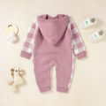Newborn Hooded Knit Jumpsuit, Toddler Casual Plaid Pattern Long Sleeve Button Romper. 