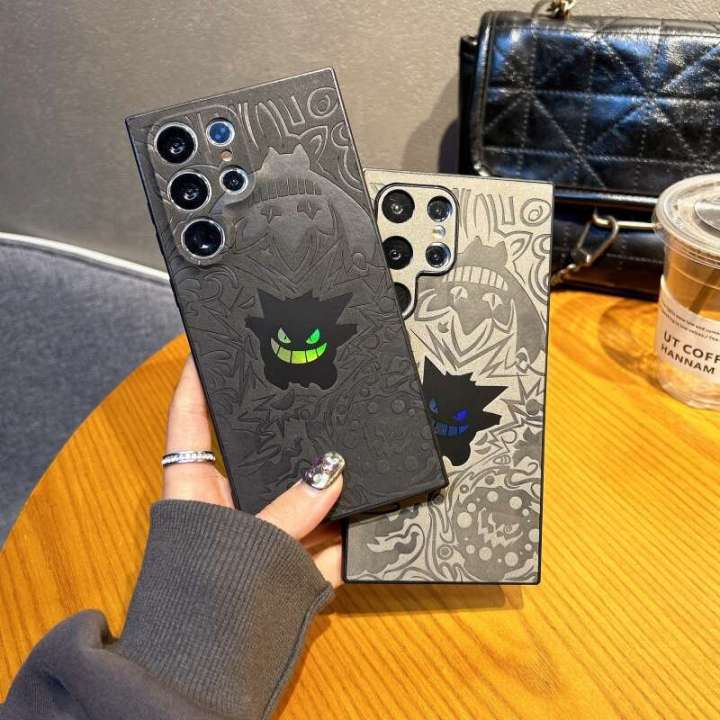 CrashStar Laser Emed Gengar Anime Leather Hard Shockproof Case Wristband Stand For Samsung Galaxy S24 + S23 S22 Ultra A55 A54 A15 5G Fashion Funny Black Gray Phone Casing With Full Cover Lens Camera Protection Hot Sale