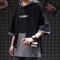 IELGY Men's Hooded Patchwork T-Shirt Loose Half Sleeve Hip Hop Hoodie Sweatshirt. 