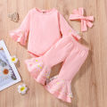Baby Girls Autumn Outfit Sets Pink Long Sleeve O Neck Romper + Daisy Print Flared Pants + Headband. 