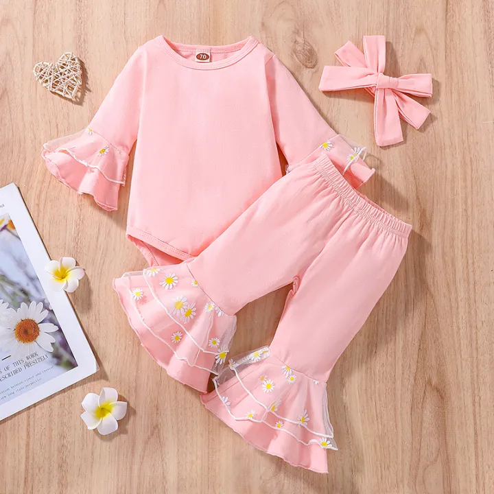 Baby%20Girls%20Autumn%20Outfit%20Sets%20Pink%20Long%20Sleeve%20O%20Neck%20Romper%20+%20Daisy%20Print%20Flared%20Pants%20+%20Headband%20-%20Image%203