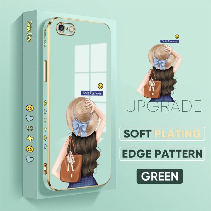 TA for iPhone 6 Plus / 6S Plus Back Cover + Free Lanyard Back Girl Luxury 6D Plating Case Side Pattern Soft Silicone Square Phone Cases