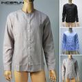 New Trendy· INCERUN Mens Linen Fitted T-shirt Top Long Sleeve Formal Casual Smart Shirts Autumn. 