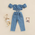 Brondwell Kid Girl Denim Outfits Sets, Off Shoulder Short Sleeve Lacing Crop Tops with Ripped Jeans. 