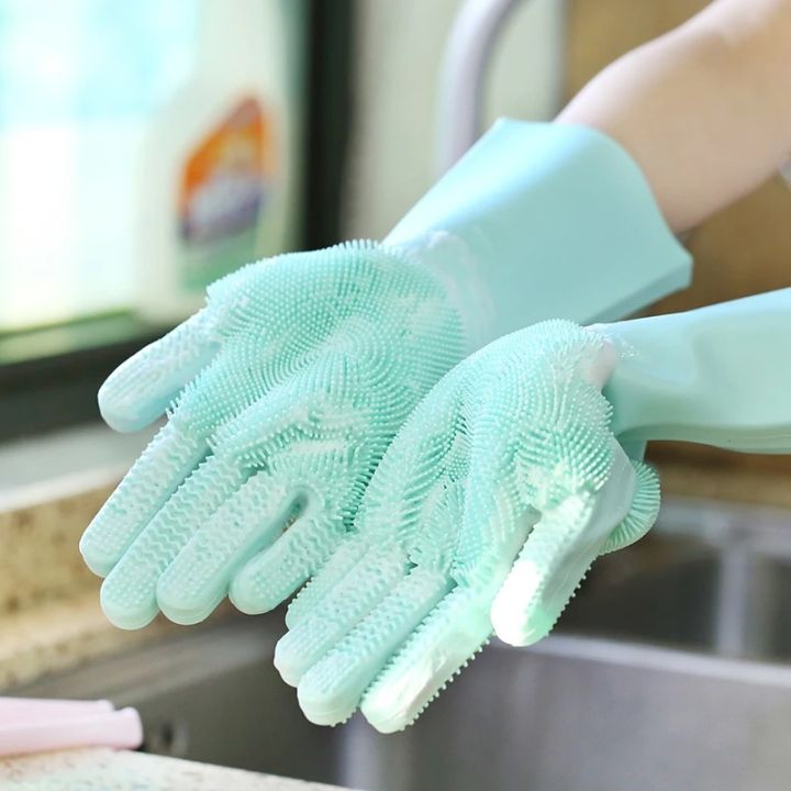 MAGIC SILICON DISH WASHING GLOVES WITH BRUSH SPONGE WASH SCRUBBER- 1 PAIR