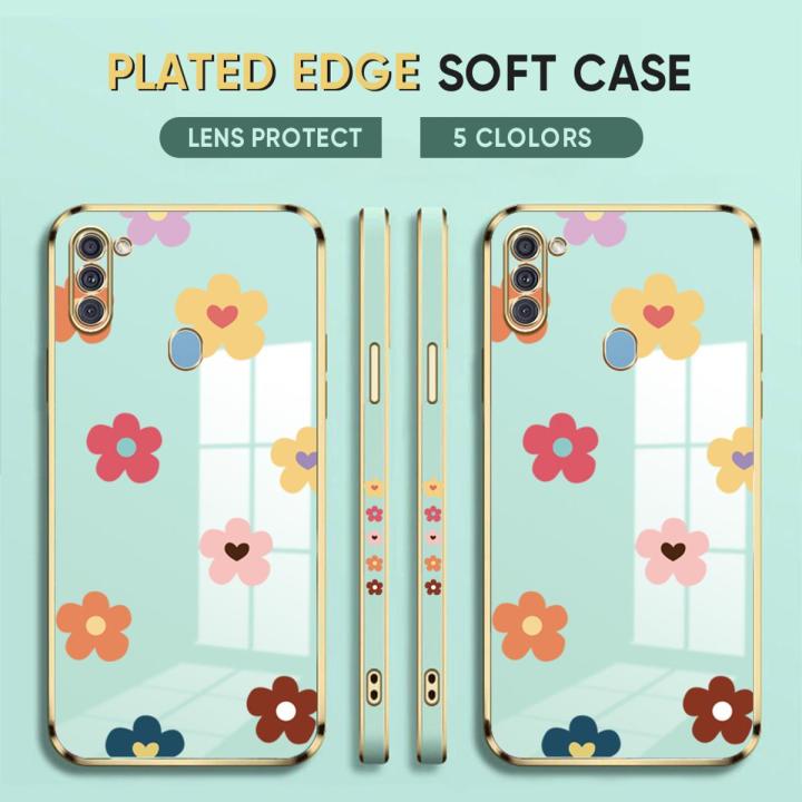 (Free Lanyard) Luxury 6D Plating Case for Samsung A11 Phone Cases Color Cartoon Flowers Side Print Soft Silicone Square Back Cover